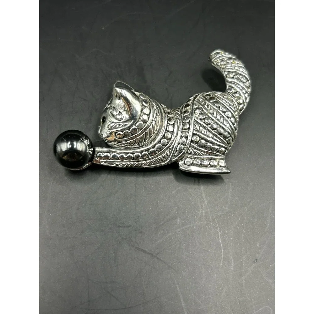 Vintage Cat Brooch Pins Pewter Black Enamel Articulated Hanging Mouse